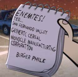 dan's list includes: enemies, ted, the san fernando valley, generic cereal, the monocle manufacturing corporation, and burger-phile
